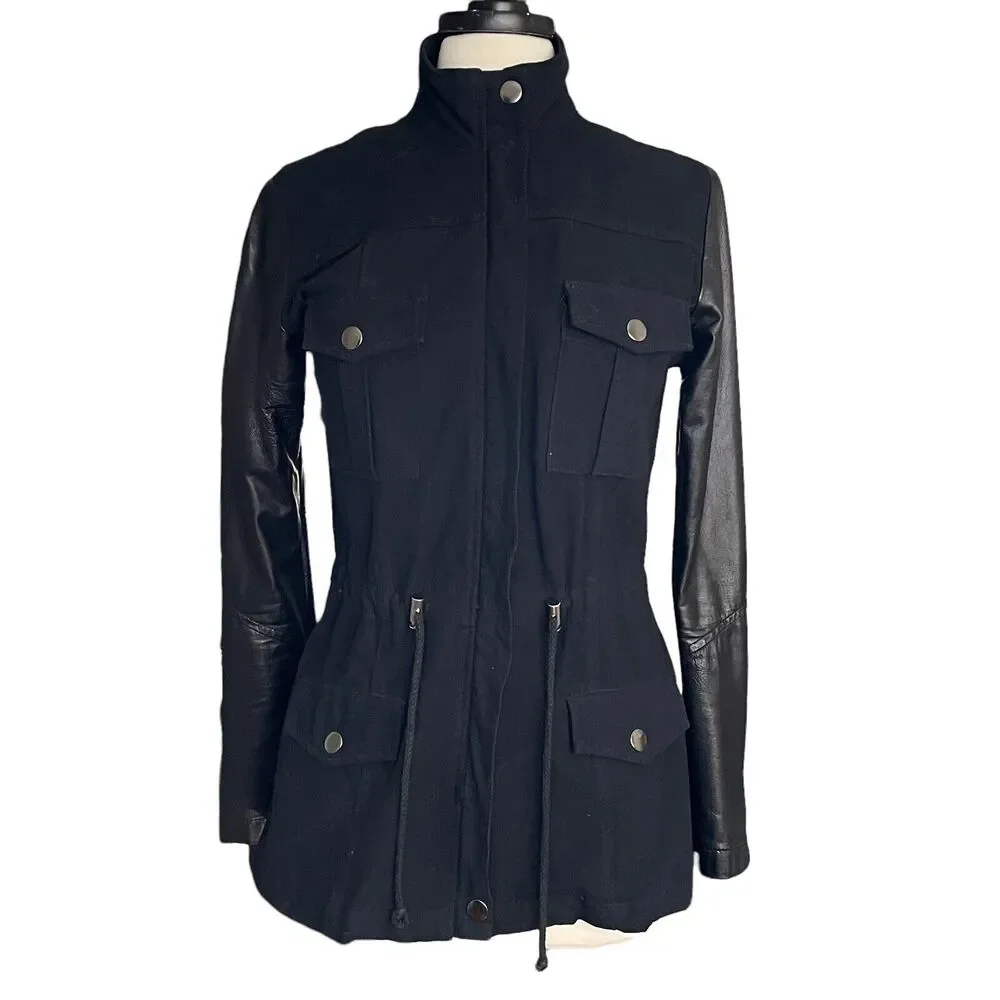 Rails Sz S Black Cargo Dark Academia Utility Jacket Lamb Leather Sleeves $348 - Picture 3 of 9